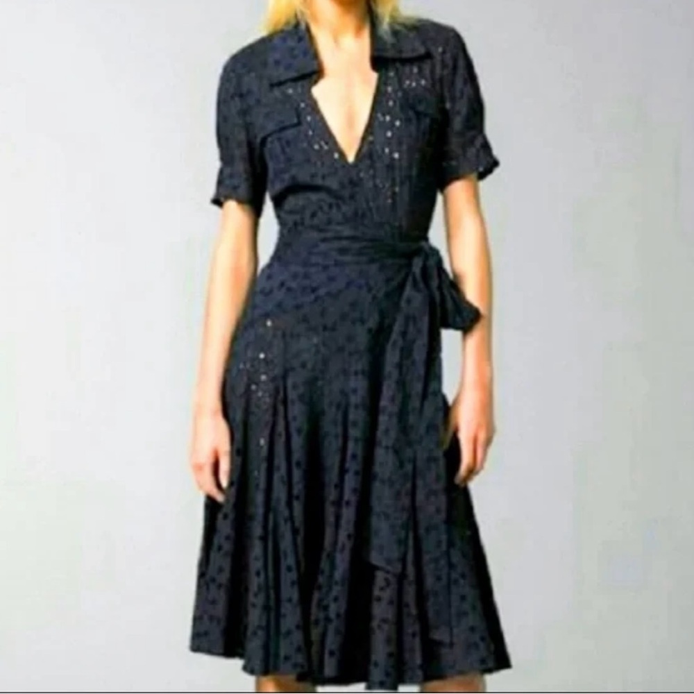 DFV Diane von Furstenburg black eyelet wrap dress with pockets size 0